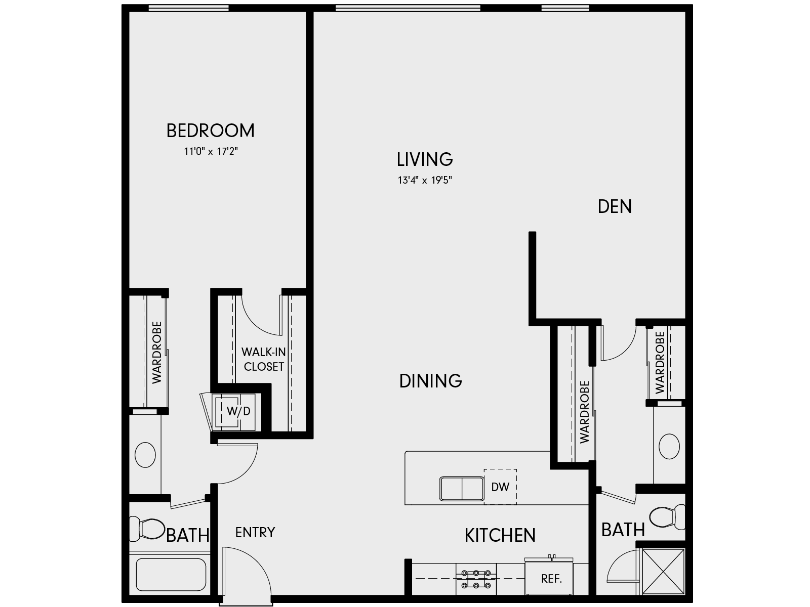 Floor plan for 1 bed, 1 bath, 1295 sqft